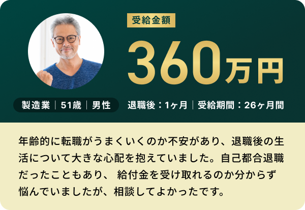 製造業 51歳 男性：受給金額360万円（退職後1ヶ月・受給期間26ヶ月間）
